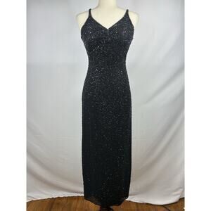 Vintage NWT Pure Silk Black Beaded Fringe Babydoll Formal Evening Maxi Dress XXS
